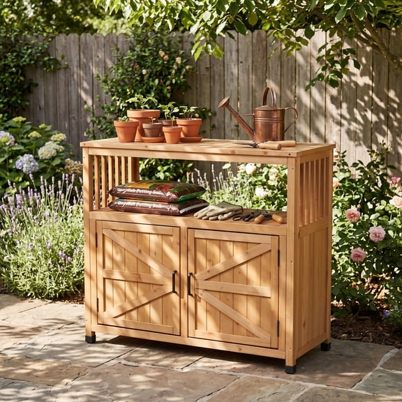 Wooden Patio Bar Table with Storage Cabinet, Outdoor Buffet Sideboard and Serving Station with Slatted Design, Light Brown