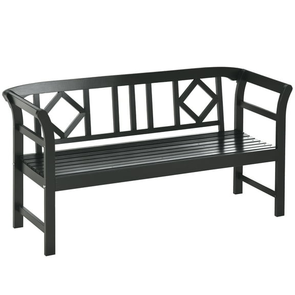 Wooden Patio Bench, Outdoor Garden Bench with Backrest and Armrests, 3 Person Porch Bench with Rustic Country Diamond Pattern, Black
