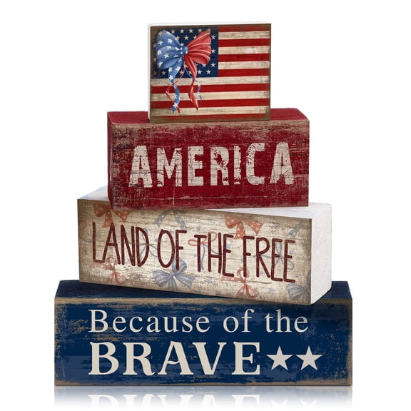 Wooden Patriotic Independence Day Tabletop Decoration Kit, 4 Piece