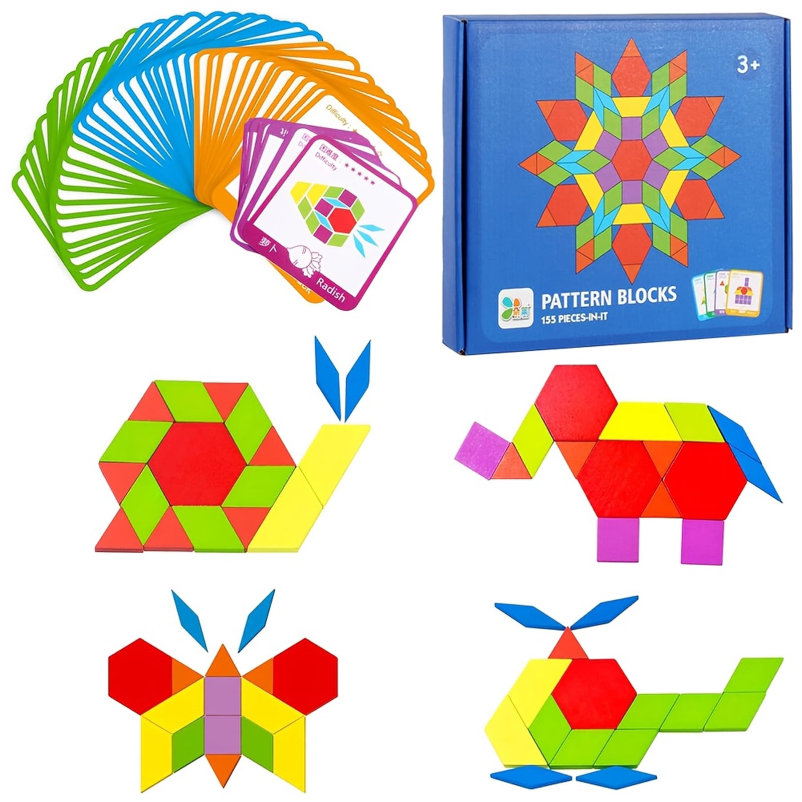 Wooden Pattern Blocks Puzzle Toys 155 Pieces With Storage Bag And 24 ...