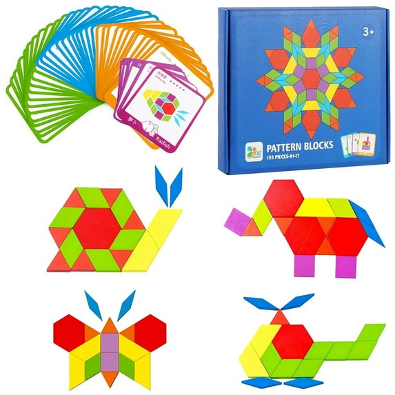 Wooden Pattern Blocks Puzzle Toys 155 Pieces With Storage Bag And 24 Challenge Cards For Big Kids And Teens Who Enjoy Hands-On Geometric Building