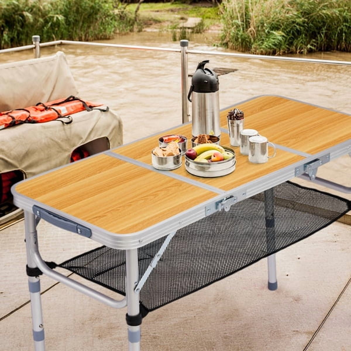 Wooden Pattern Folding Camping Table with 3 Height Settings & Mesh Storage Shelf, 110lb Capacity Portable Table for Outdoor Dining & Activities