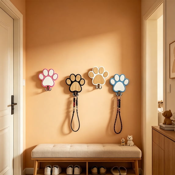 Wooden Paw Print Wall Hook, Decorative Dog Leash Stand Hanger with Metal Hook, Rustic Pet Supplies Organizer for Entryway, Cute Gift for Dog Lovers, Pink