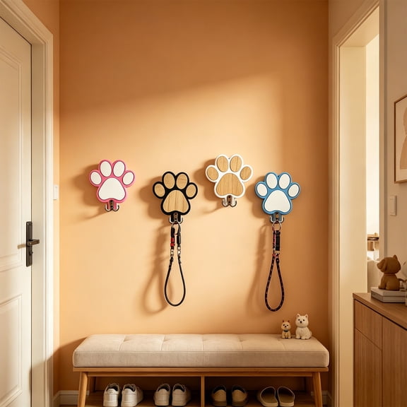 Wooden Paw Print Wall Hook, Decorative Dog Leash Stand Hanger with Metal Hook, Rustic Pet Supplies Organizer for Entryway, Cute Gift for Dog Lovers, White