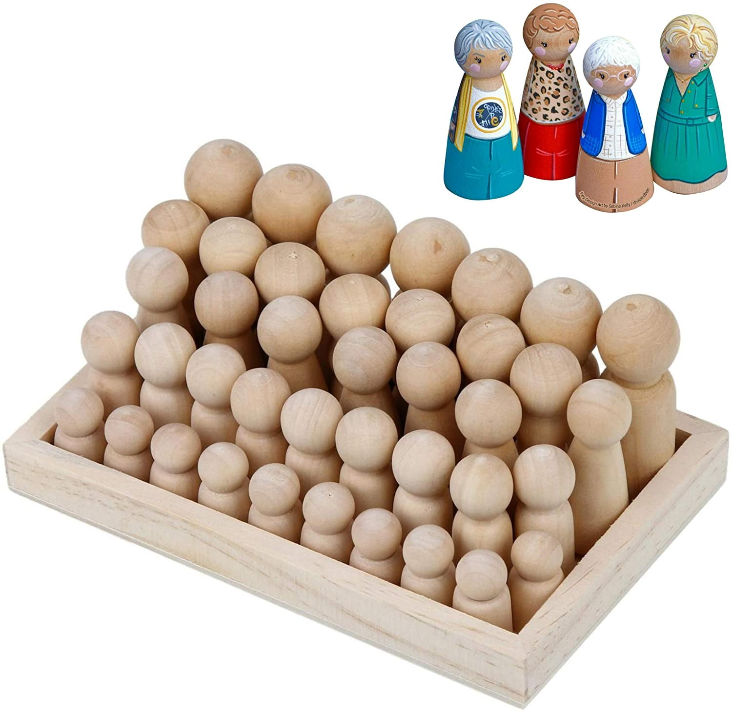 Wooden Peg Dolls Unfinished People - Pack of 40 with Storage Case