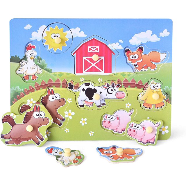 Wooden Peg Puzzle, Farm Chunky Baby Puzzles, FullColor Pictures Wood