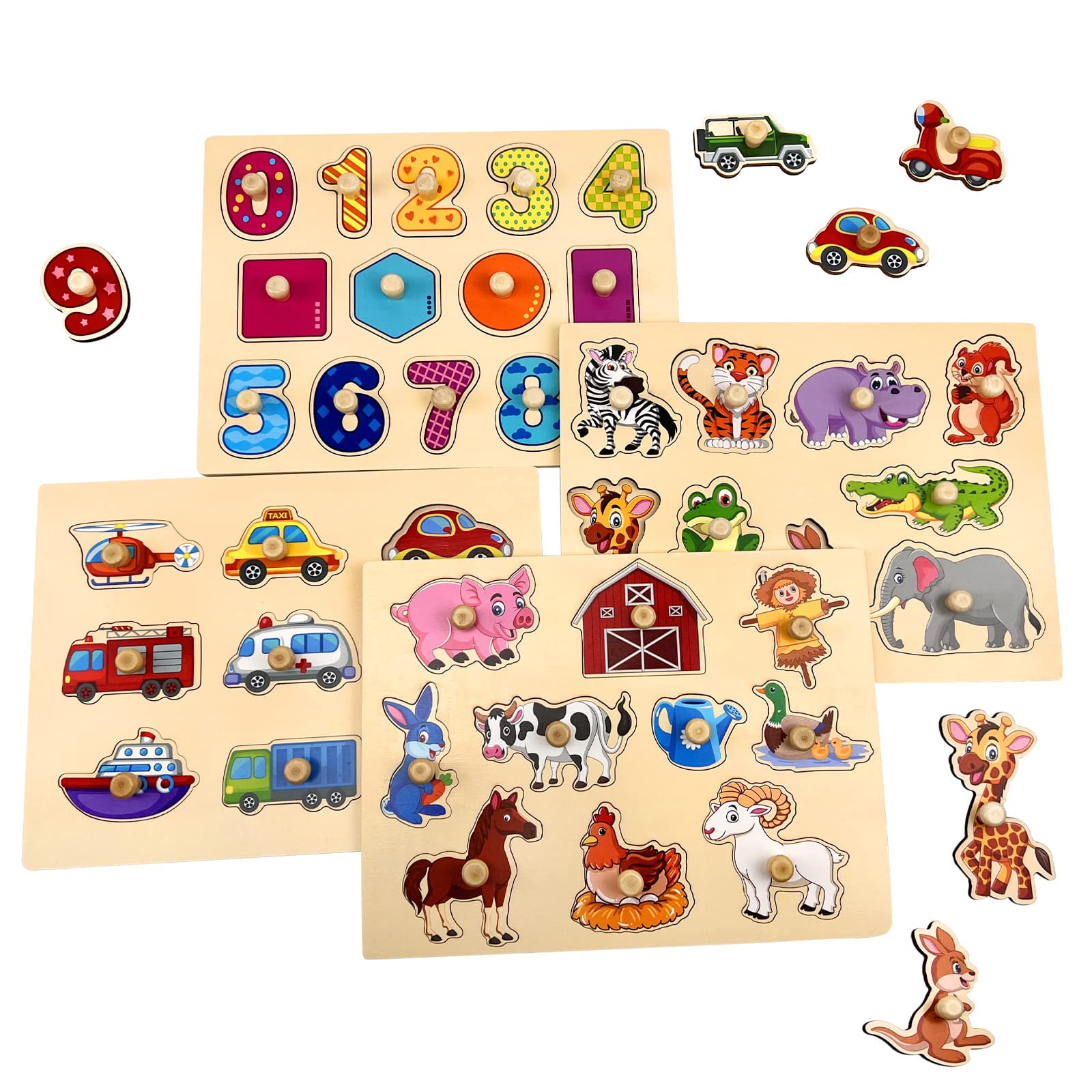 Wooden Peg Puzzles for Toddlers, 4 Pack Toddler Puzzles Set with Wooden ...