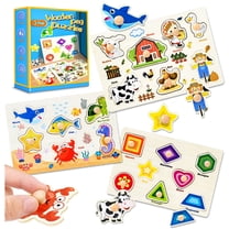 Wooden Peg Puzzles for Toddlers, Montessori Toddler Puzzles for Child,Fine Motor Skill Learning Puzzles Toys for Baby Boys Girls Gift-3 Pcs Shape,Farm,Sea Animal