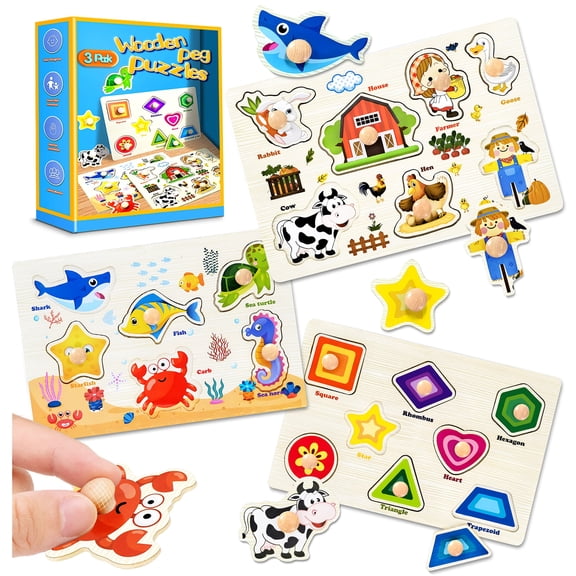 Wooden Peg Puzzles for Toddlers, Montessori Toddler Puzzles for Child,Fine Motor Skill Learning Puzzles Toys for Baby Boys Girls Gift-3 Pcs Shape,Farm,Sea Animal