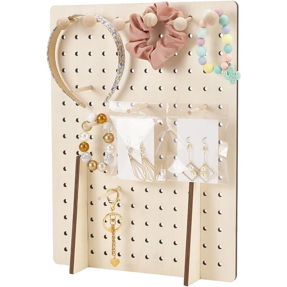 Wooden Pegboard Display Stand Rectangle Wood Jewelry Rack PapayaWhip Color Wood Pegboard Holder for Necklace Earring Bracelets Display Shows Jewelry Pin Stickers Keychain Peg Board DIY