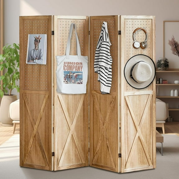 Wooden Pegboard Display with Hooks and Shelf, Rustic Room Divider Wall and Folding Privacy Screen for Bedroom, Jewelry Store