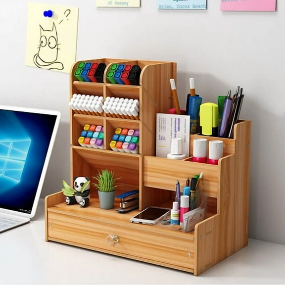 Wooden Pen Holder For Desk Multi-Functional Pencil Organizer With Drawer Desk Us