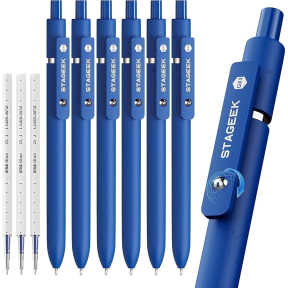 STAGEEK Blue Gel Pens GX3, 6Pcs Quick Dry Blue Ink Pens with 3 Extra Refills, Fine Point Retractable Smooth Writing Pens for Journaling, Office, Note Taking, Nurse Aesthetic