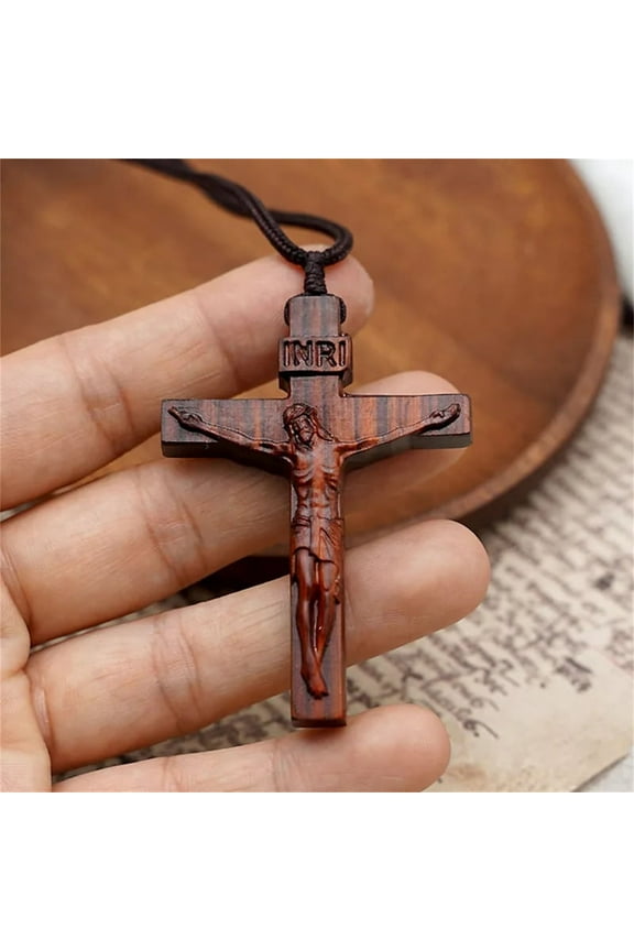 Wooden Pendant under $5! CQCYD Olive Wood Jesus Pendant, 6cm Religious Necklace with Hanging Rope, Hand Carved Camino Cross Pendant, Spiritual Gift for Family Friends, Adjustable Cord