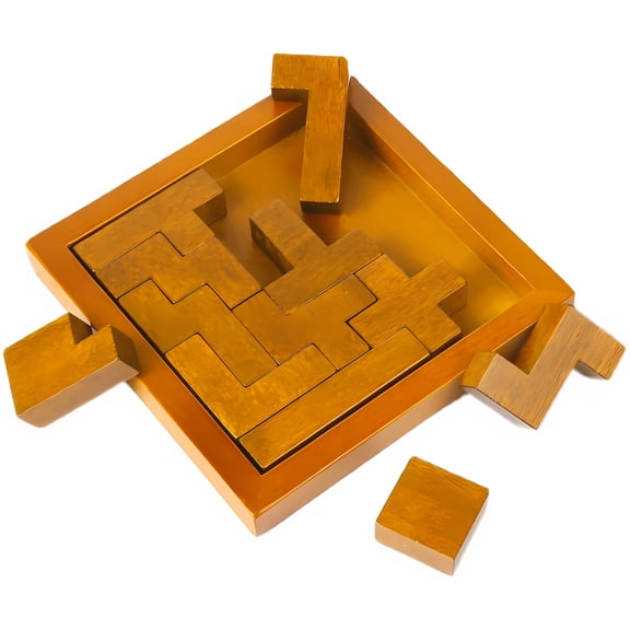 BUSAURUS Abstract Geometric Wooden Pentomino Puzzle, Brain Teaser Desk Game with Storage Tray for Teens and Adults