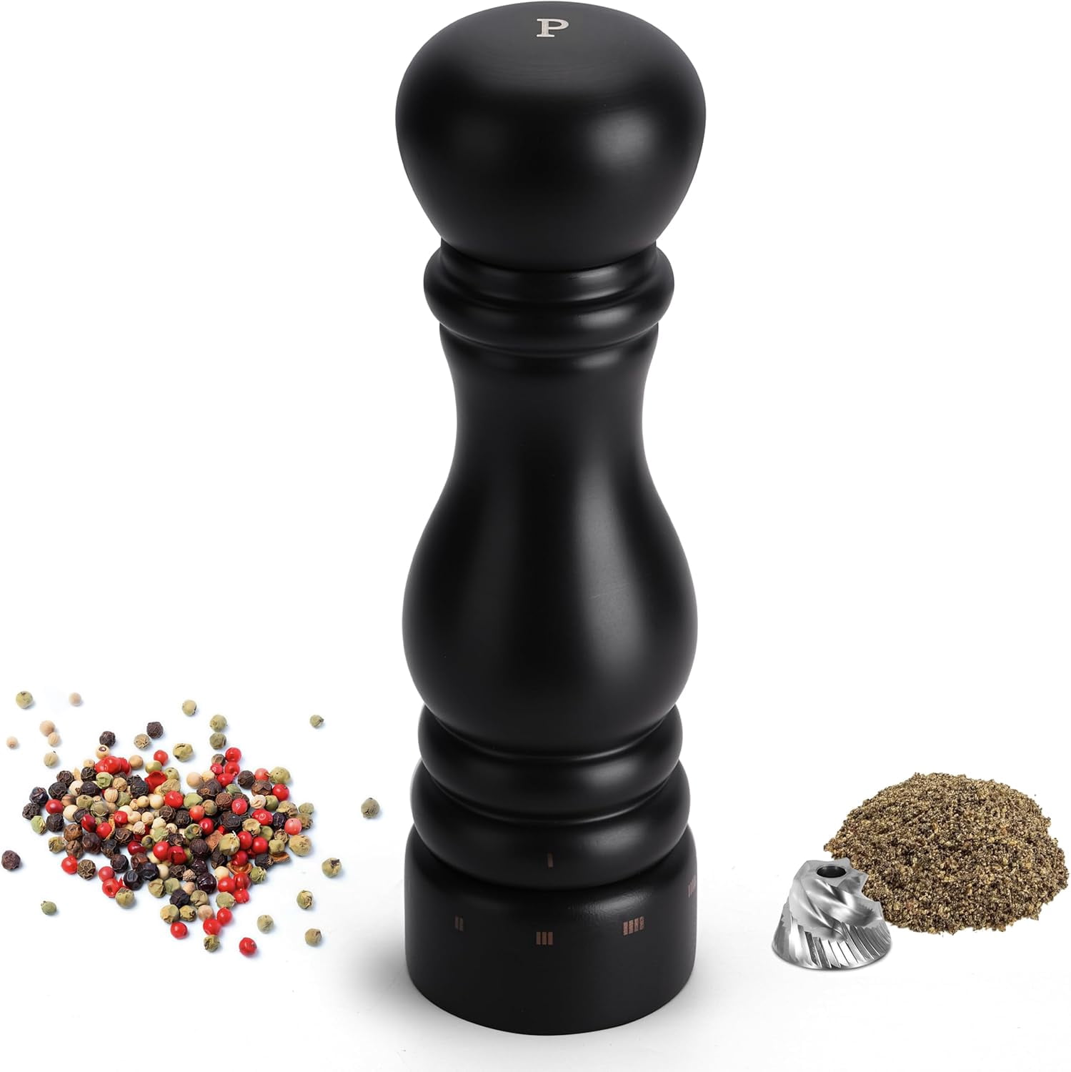 Wooden Pepper Grinder, Manual Pepper Mill with Stainless Steel Core, Refillable Pepper Shaker with Beech Wood Body, External Adjustable Coarseness, 9” Tall (Chocolate Wood)