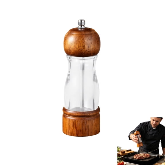 Wooden Pepper Grinder Mill with Clear Visible Body, Adjustable Coarseness Manual Salt Pepper Mill for Kitchen Cooking & Steak Seasoning