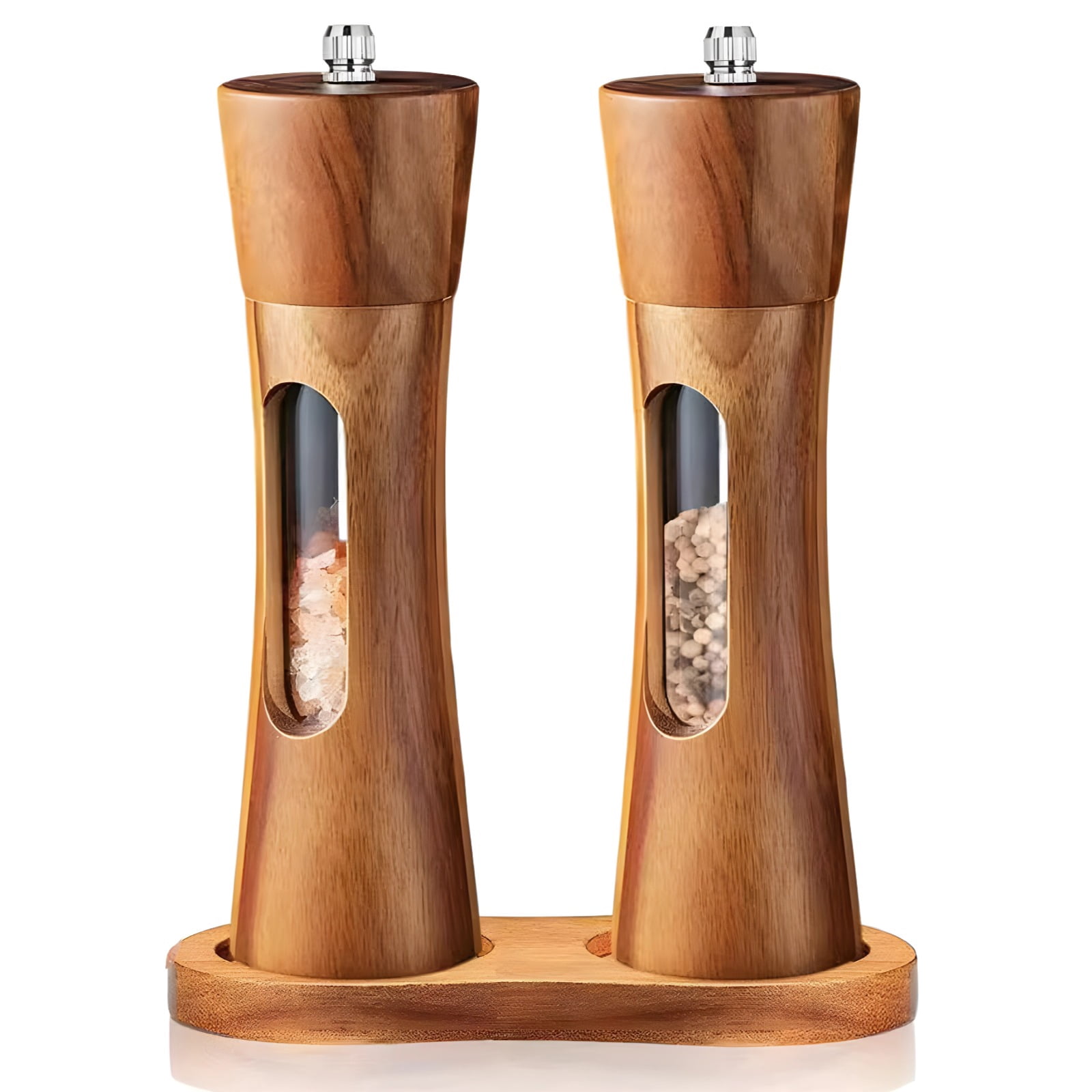 Wooden Pepper and Salt Grinder Set, 2 Adjustable Ceramic Mills with Wooden Base Includes Transparent Windows, Perfect for Spices and Seasoning