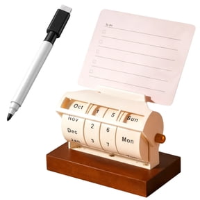 Wooden Perpetual Calendar for Desk, Rotating Block Calendar with Wooden Base, Includes Reminder Card & Erasable Marker, ABS Rolling Date Display, Reusable Desktop Countdown Planner