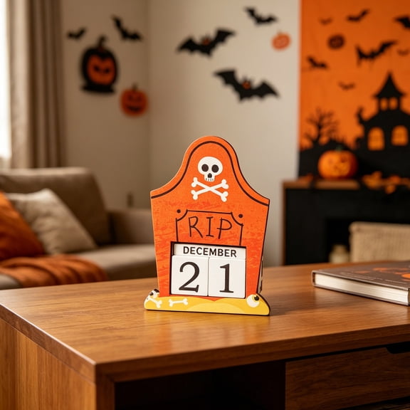 Wooden Perpetual Calendar Halloween Countdown Decor, Reusable Adjustable Date Block Tabletop Ornament for Spooky Ghost Festival Home Desk Shelf Display