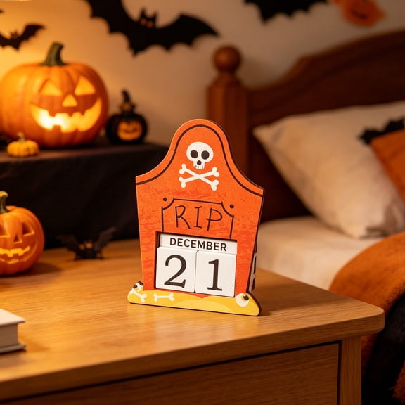 Wooden Perpetual Calendar Halloween Countdown Decor Reusable Adjustable Month Date Block Tabletop Ornament 1 Pack