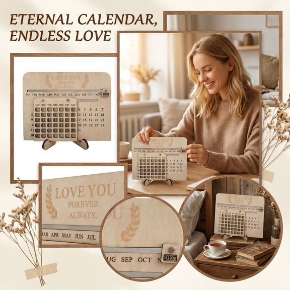Wooden Perpetual Calendar Handmade Forever Desk Calendar with Love Engraving, Adjustable Decorative Planner for Home, Valentines Day Gifts for Couples, A