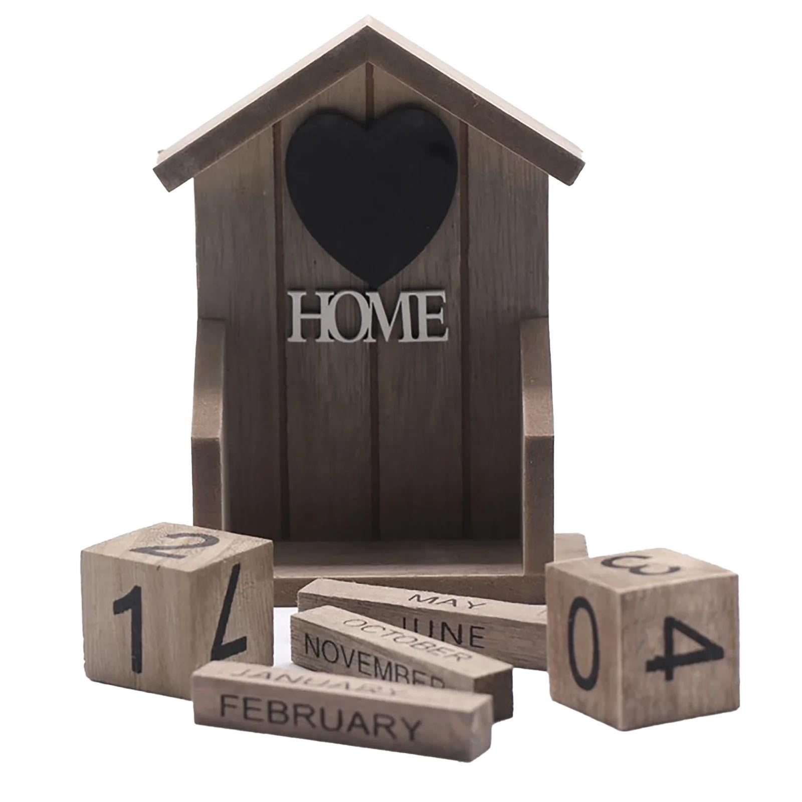 Wooden Perpetual Calendar House Shaped Desk Decor Adjustable Date Month ...