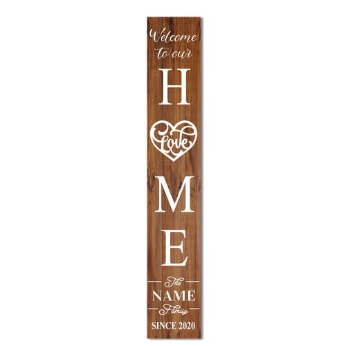 Wooden Personalized Family Name Welcome To Our Home Sign for Porch Standing 47 x 8 Inches, Custom Initial Last Name Vertical Leaner Farmhouse Welcome Sign for Front Door Deck Patio Decor