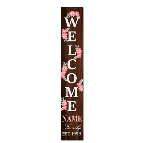 Wooden Personalized Family Name Welcome Sign for Porch Standing 47 x 8 Inches, Custom Initial Last Name Vertical Leaner, Rustic Flower Welcome Sign for Front Door Deck Patio Home Decor