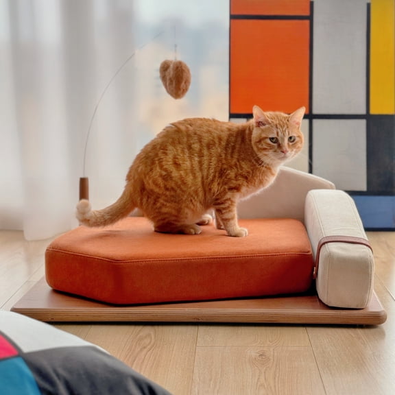 Wooden Pet Bed for Cats & Dogs Oak Veneer, Multi-layer Wood Frame, Scratch-Resistant Fabric, High-Resilience Foam, Hanging Toy Medium to Large Breeds