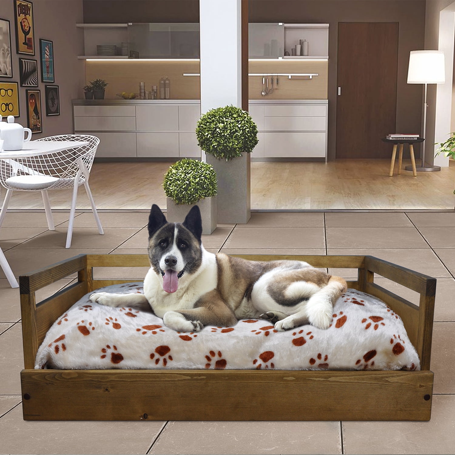 Iconic Pet Sassy Paws Wooden Pet Bed with Paw Printed Comfy