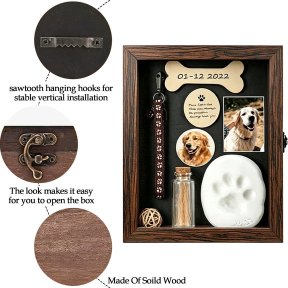 Wooden Pet Photo Frame Keepsake Box for Collar Toy Storage Pet Display Case Box
