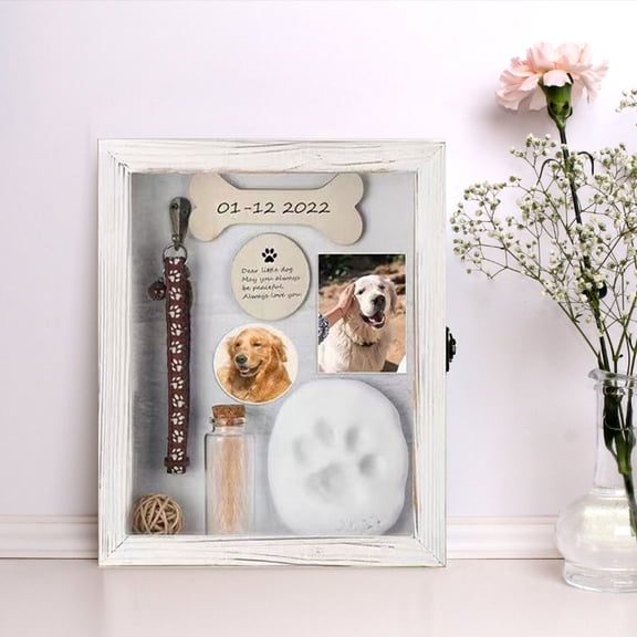Wooden Pet Photo Frame, Pet Keepsake Box, Hinged Lid Storage Compartment for Collar Toy Tags, Solid Wood Construction, Engraved Pet Motifs, Memorial Gift Display Case