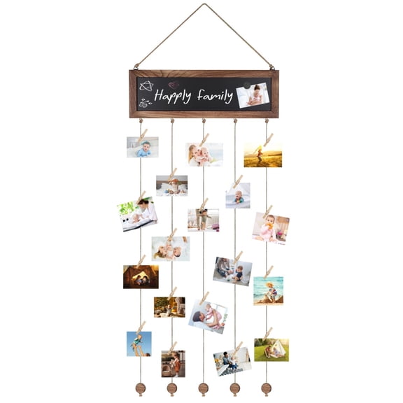 Wooden Photo Clip Frame with Sign Chalkboard Area for Custom Writing, Round Accessories, 5 Hooks for Easy Hanging, Perfect for Home Decoration