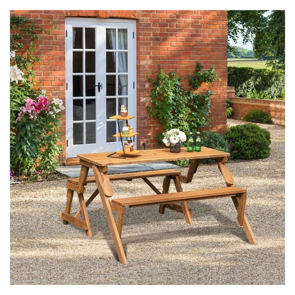 Wooden Picnic Table Bench Set 2-in-1, Transforming Outdoor Furniture with Umbrella Hole, Dark Brown, Seats 4