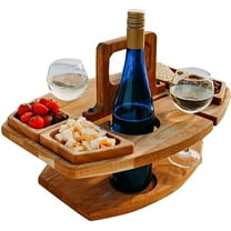 Wooden Picnic Table with Carrying Handle Outdoor Portable Removable Wine Glass Holder Fruit Snack Tray Wood Color