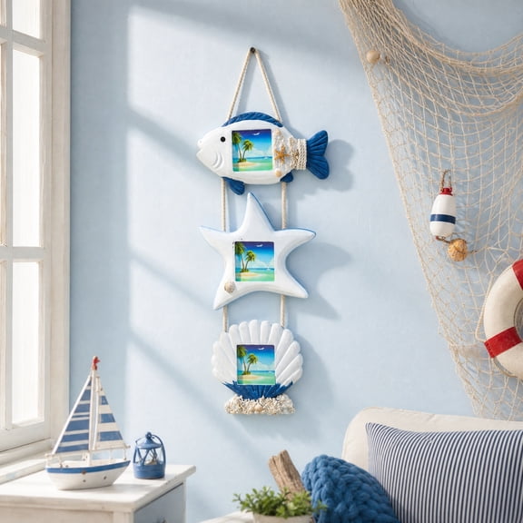 Wooden Picture Frame With Mediterranean Scallop And Fish Shaped Starfish Design, White Photo Frame For Wall Display, 20.47x9.25 Inch Desktop Ornament For Beach Home Decor
