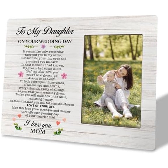 Wooden Picture Frame for Mom to Bride Daughter Wedding Day, Memorable Gift for Daughter