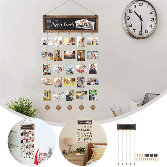 Wooden Picture Frames Collage Wall Decor, 30 Clip Photo Display with Rope Magnets Blackboard, DIY Multi-Photo Hanging Kit for Home Office Dorm Room
