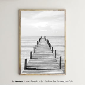 Wooden Pier Sea Prints Ocean Wall Art Landscape Photography Wood Jetty Wall Art Black & White Photo Sea Poster Home Decor Office Wall Art