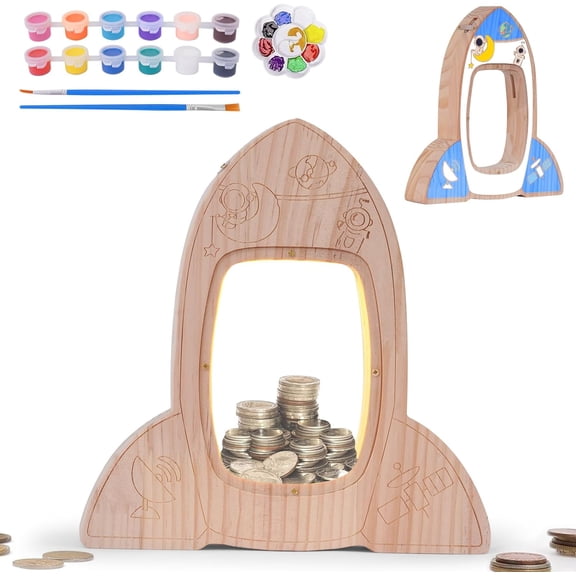 Wooden Piggy Bank for Kids, DIY Night Light Personalized Money Bank for Boys, Girls, Unbreakable Saving Box with Paintbrush and 12 Paints, Coin Jar Gifts for Kids Birthday Decor (Rocket)