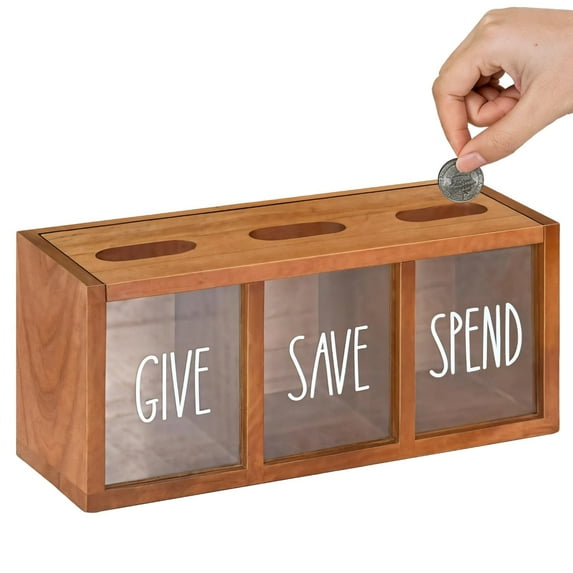 Wooden Piggy Bank for Little Ones, 3-Compartment for Cash and Coins, Personalized Money Box, Clear Labels "Give Save Spend"