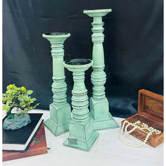 Wooden Pillar Candle Holders Set of 3, 18'' 15'' 12'' Farmhouse Wood Candle Stand for Table Centerpieces, Vintage Tall Candleholders Fireplace Mantel Decor for Living Room,