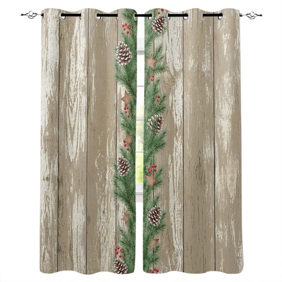 Wooden Pine Needles Xmas Kitchen Curtains Christmas Pine Cones Farmhouse Cafe Short Curtains for Bathroom Blackout Window Curtain Small Window Treatment Drapes for Bedroom Living Room 42"x45"x2