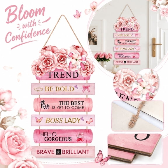 Wooden Pink Floral Decorative Tag for Women, Inspirational Pink Wooden Aesthetic Hanging Sign, Butterfly Wall Art for Bedroom Living Room Feminine Decor