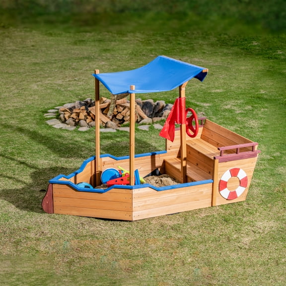 Wooden Pirate Ship Sandbox with Cover, Rudder, Bench and Storage, Ages 3-8