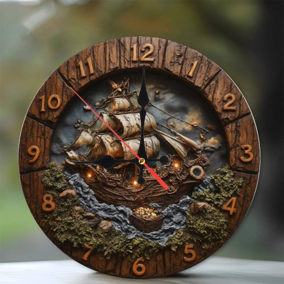 Wooden Pirate Ship Wall Clock Treasure Galleon Nautical Decor 10-Inch Silent Wooden Wall Clock, Battery Operated (AA Batteries Not Included), Artistic Home Decor