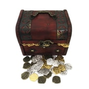 Seven Seas Pirates Wooden Pirate Treasure Chest with Lot of 50 Mixed Coins