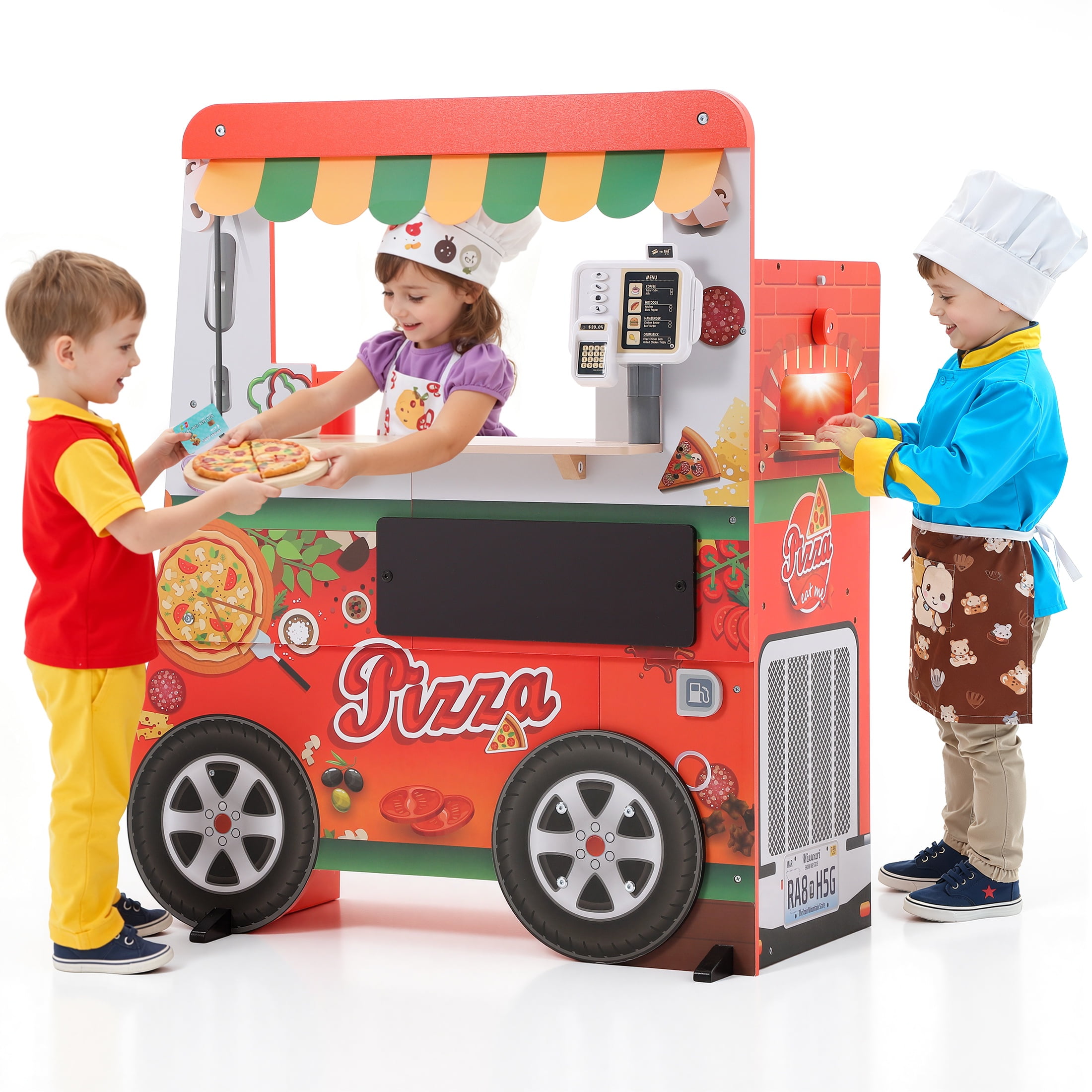 Wooden Pizza Food Truck Activity Center for Kids, 3+ | Play Kitchen for Kids with Wooden Play Food, Ice Cream Cart, Toy Kitchen Sets, Toddler Kitchen Playset, Pretend Play Food Truck Playset, Red