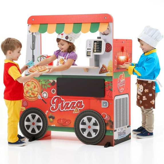 Wooden Pizza Food Truck Activity Center for Kids, 3+ | Play Kitchen for Kids with Wooden Play Food, Ice Cream Cart, Toy Kitchen Sets, Toddler Kitchen Playset, Pretend Play Food Truck Playset, Red